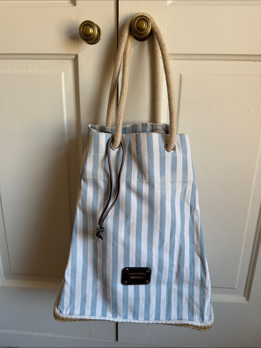 Striped Canvas Tote Bag with Rope Handles - Light Blue & Cream